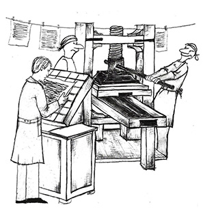 Vintage illustration of workers operating a printing press.